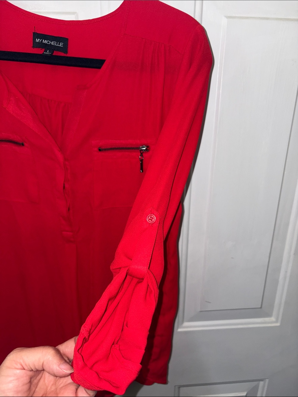 My Michelle Bright Red Zip-Pocket Roll-Sleeve Blouse - Picture 4 of 4